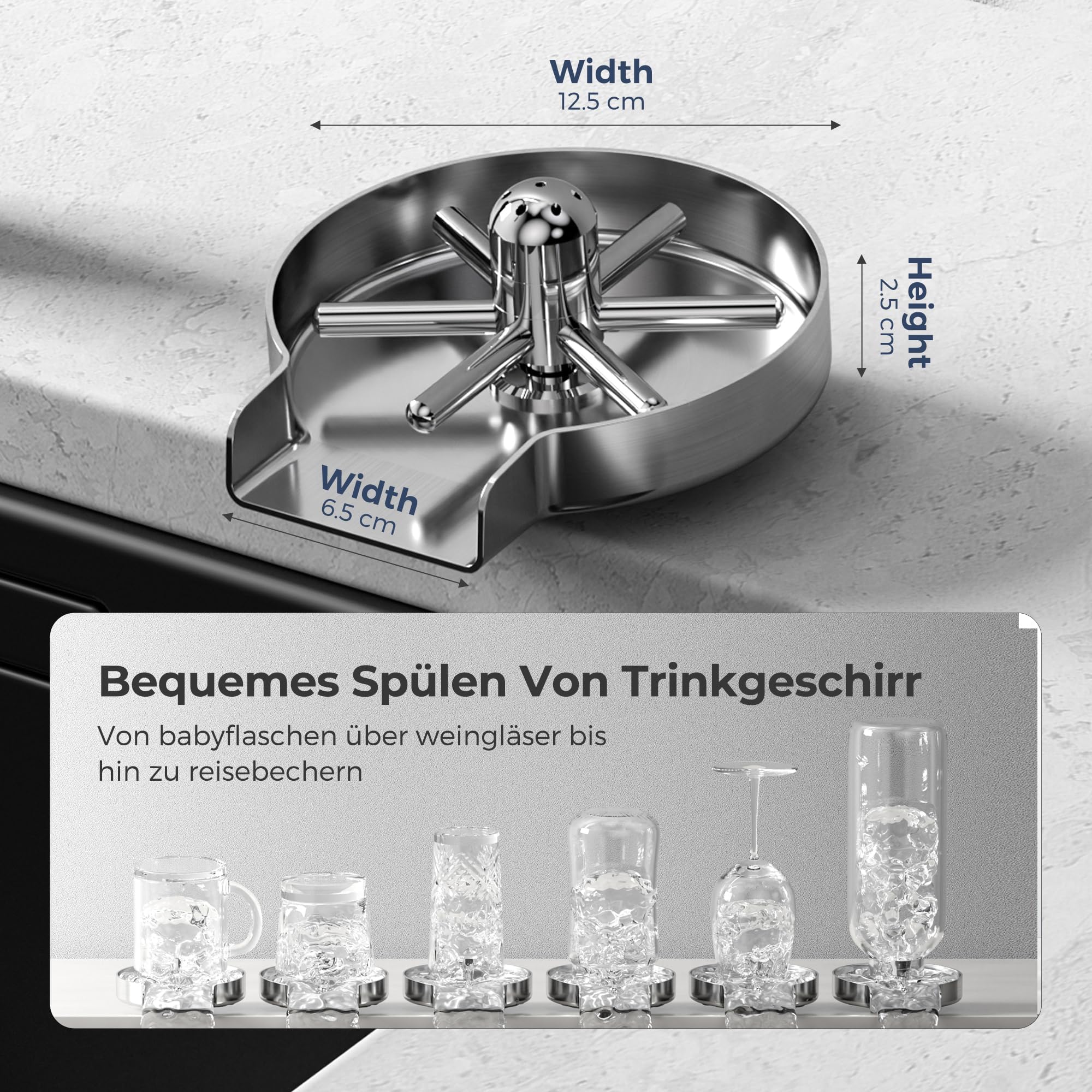 Vancoco G3/8" Automatische Edelstahl Glasspüler für Küchenspülen Tassenreiniger Flaschenwascher für Bar Restaurant Babyflasche Cafés mit 360° Drehbaren Düsen （Gebürsteter Edelstahl）