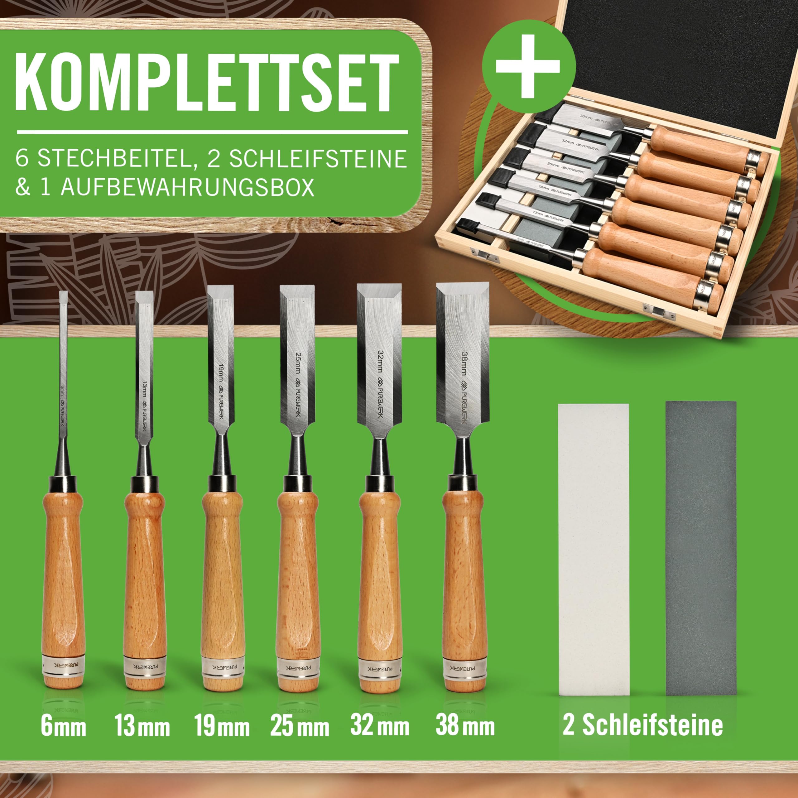 Set di scalpelli per legno [6 misure] – Set con 6 scalpelli affilate in acciaio CrV – Strumento per la lavorazione del legno con scatola e pietre abrasive