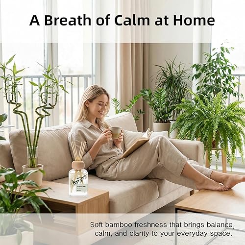 Vista 2 de Difusores de varillas para el hogar, aroma de lluvia de bambú 100ml (3.38oz) Aceite natural de larga duración para uso en el hogar, baño, oficina