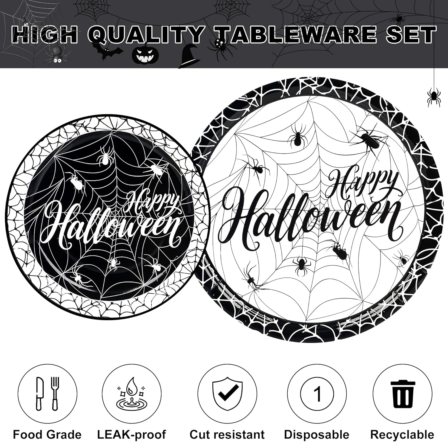 100 Pieces Halloween Plates and Napkins Set - Black Spider Web Disposable Paper Plates Dinner Dessert Plate, Cocktail Napkins, Forks Halloween Party Decorations Serve 25