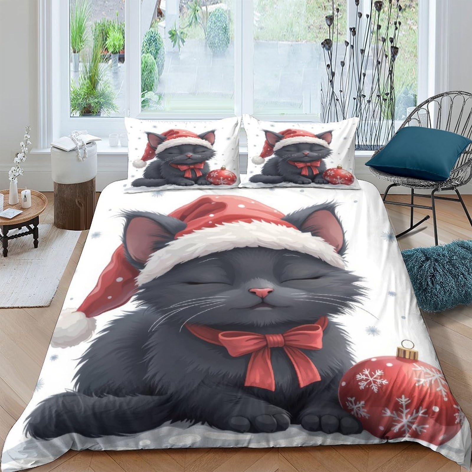 Ctjqhvkz Style-6 3D Printed Christmas Cat Fitted Sheet Microfiber Soft Red Santa Hat Bed Cover For Bedroom Guest Room Decor Single（135X200cm）