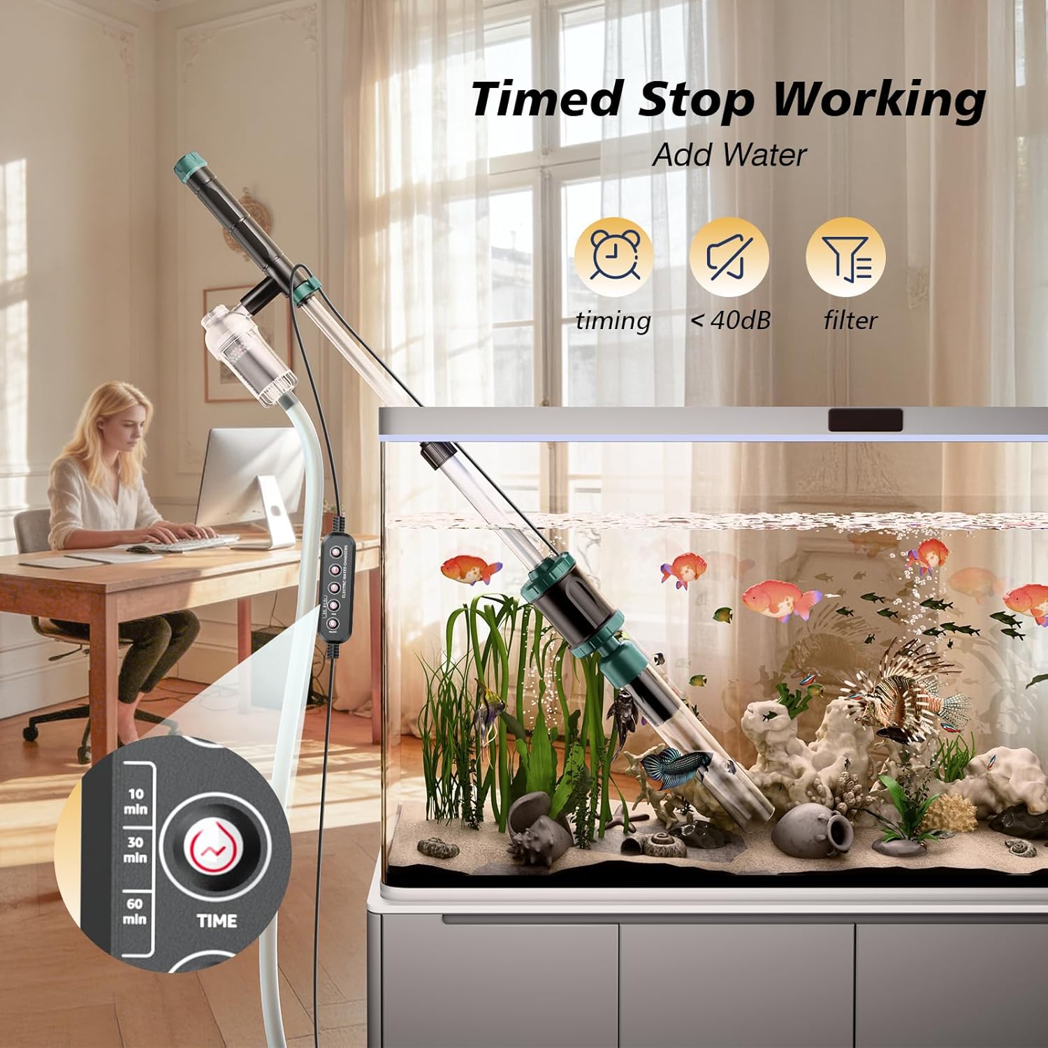 AKKEE Aquarium Vacuum Gravel Cleaner, 36W Electric Fish Tank Cleaner Vacuum, 8 in 1 Multifunctional Aquarium Cleaner for Automatic Water Change, Wash Sand, Water Circulation and Timed Off, Green