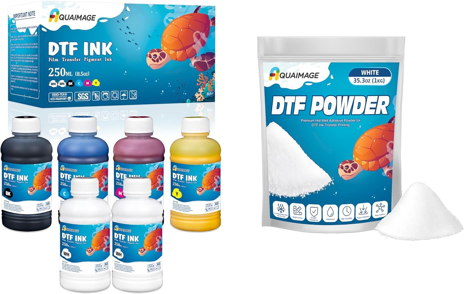DTF Ink and Powder Bundle – 6 Pack 250ml Pigment Ink (CMYK+2 White) + 35.3oz (1kg) White Hot Melt Adhesive Powder for Direct-to-Film T-Shirt Printing
