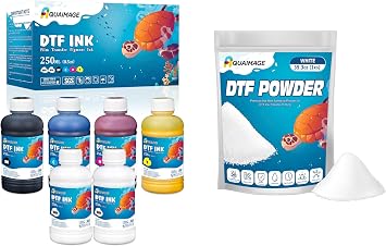 DTF Ink and Powder Bundle 6 Pack 250ml Pigment Ink CMYK+2 White + 35.3oz 1kg White Hot Melt Adhesive Powder for Direct-to-Film T-Shirt Printing