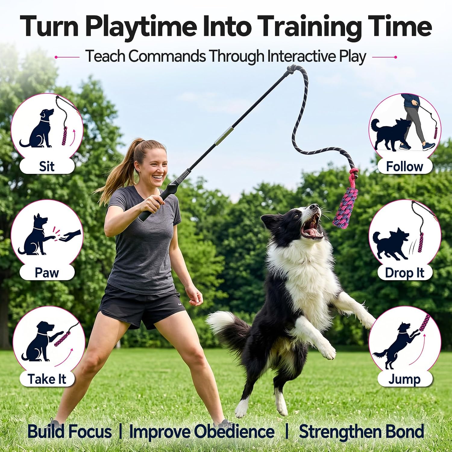 FOXMM Flirt Pole for Dogs, Interactive Dog Toys for Large Medium Small Dogs | Outdoor Exercise & Training Dog Teaser Wand with Chewing Toy, Chase and Tug of War Dog Toy, Tough Spring Pole for Dogs