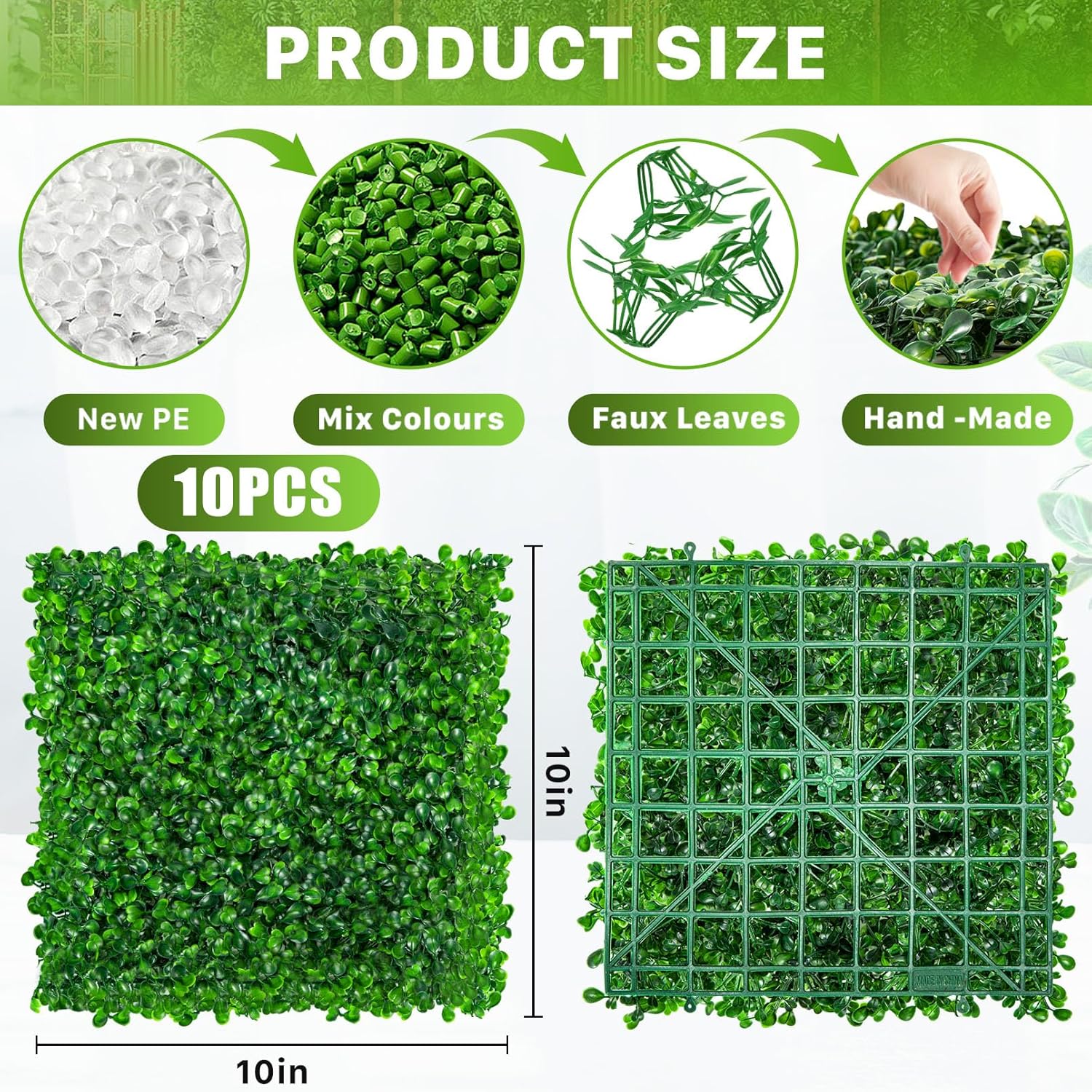 10PCS Grass Wall, 10"x10" Faux Hedge Panels, Greenery Wall Panel, Artificial Boxwood Panel, Grass Backdrop Panels for Outdoor Indoor Garden Yard Fence Backyard Decor