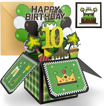 10th Birthday Card Boy, 10 Year Old Birthday Card for Grandson Son Nephew, 3D Pop Up Pixel Gaming Birthday Greeting Cards, Happy Birthday Decoration Gifts with Notecard & Envelope