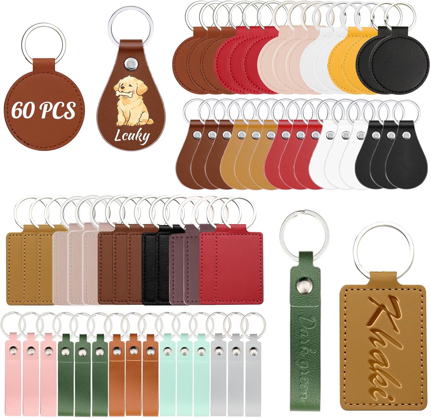 60Pcs PU Leather Key Fob Blanks with Key Rings, Multi Colors Round, Teardrop, Rectangular, Long Strip Keychain Blanks for Laser Engraving, DIY Leather Stamping, Crafting and Keychain Making