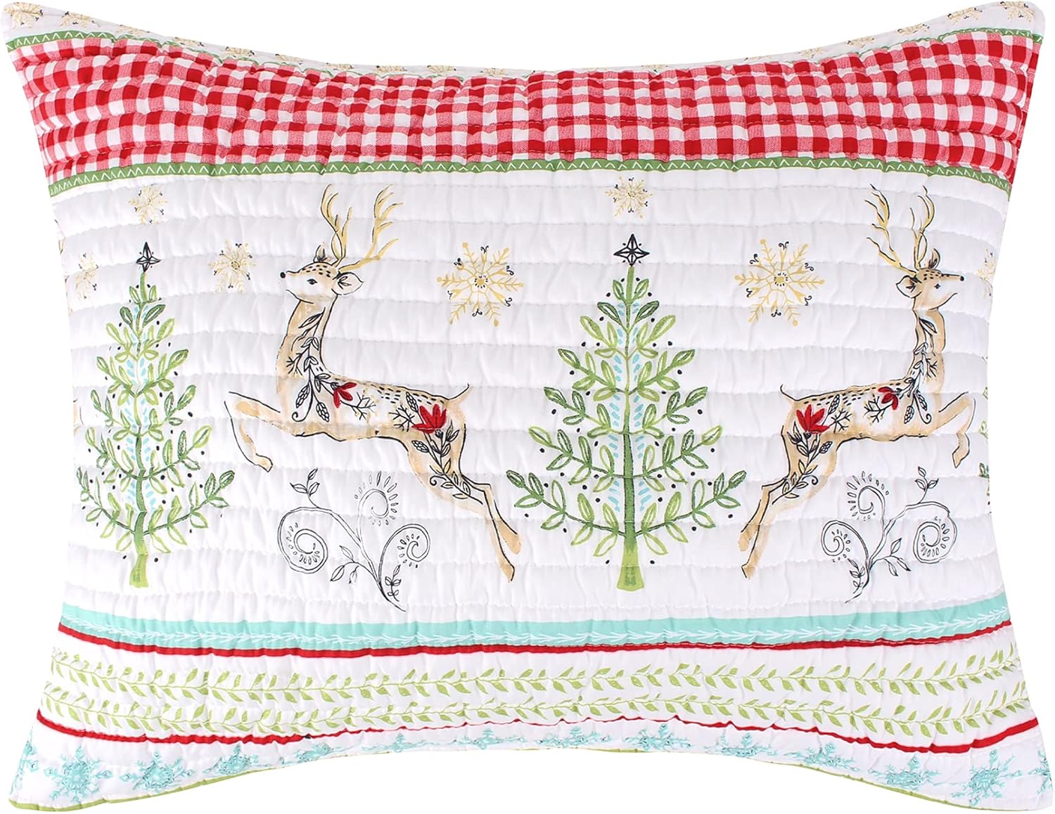 Levtex Home Merry & Bright Collection - Comet and Cupid - Quilted Standard Sham - Holiday Deer and Christmas Trees - Red Green White Teal - Reversible - Microfiber Standard Sham 20x26