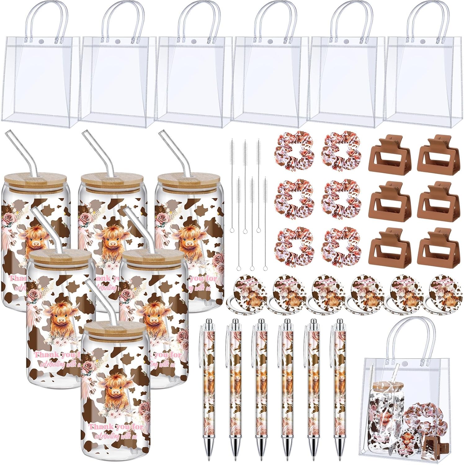 Boao 6 Set Baby Shower Game Prizes for Player Winners Tumblers with Lids Straws Mirrors Hair Scrunchies Pens Hair Clips Gift Bags for Baby Bridal Shower Wedding Game Favors(BBQ)