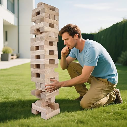 Miniatura 8 de GOTHINK Juego de torre gigante de caída, torre grande que se apila hasta más de 5 pies, 54 bloques gigantes de madera para juegos de patio al aire