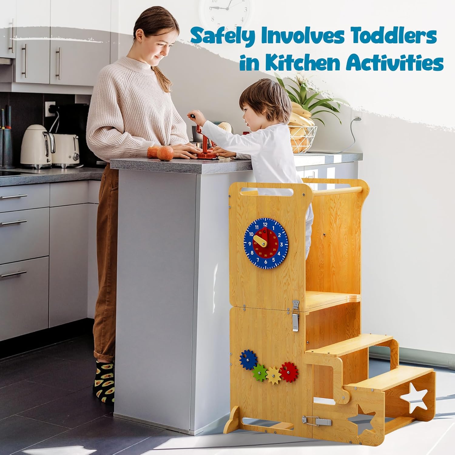 NiHome Wooden Toddler Standing Tower for Kitchen and Bathroom, Adjustable Height & Foldable Kitchen Step Stool Helper, Encourages Independence in Cooking and Daily Tasks, Converts to Table and Shelf