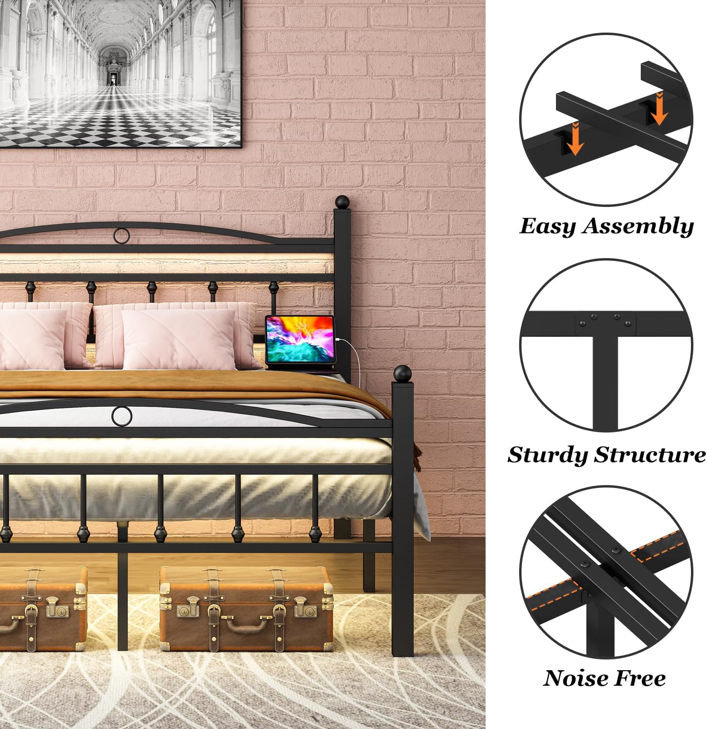 Full Size Bed Frame with Headboard,Metal Platform Bed Frame with Charging Station & LED Lights,12in Storage Space Under Bed, No Box Spring Needed, Noise Free, Easy Assembly, Black - Image 5