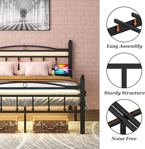 Miniatura 5 de Marco de cama tamaño completo con cabecero, marco de cama de plataforma de metal con estación de carga y luces LED, espacio de almacenamiento de 12