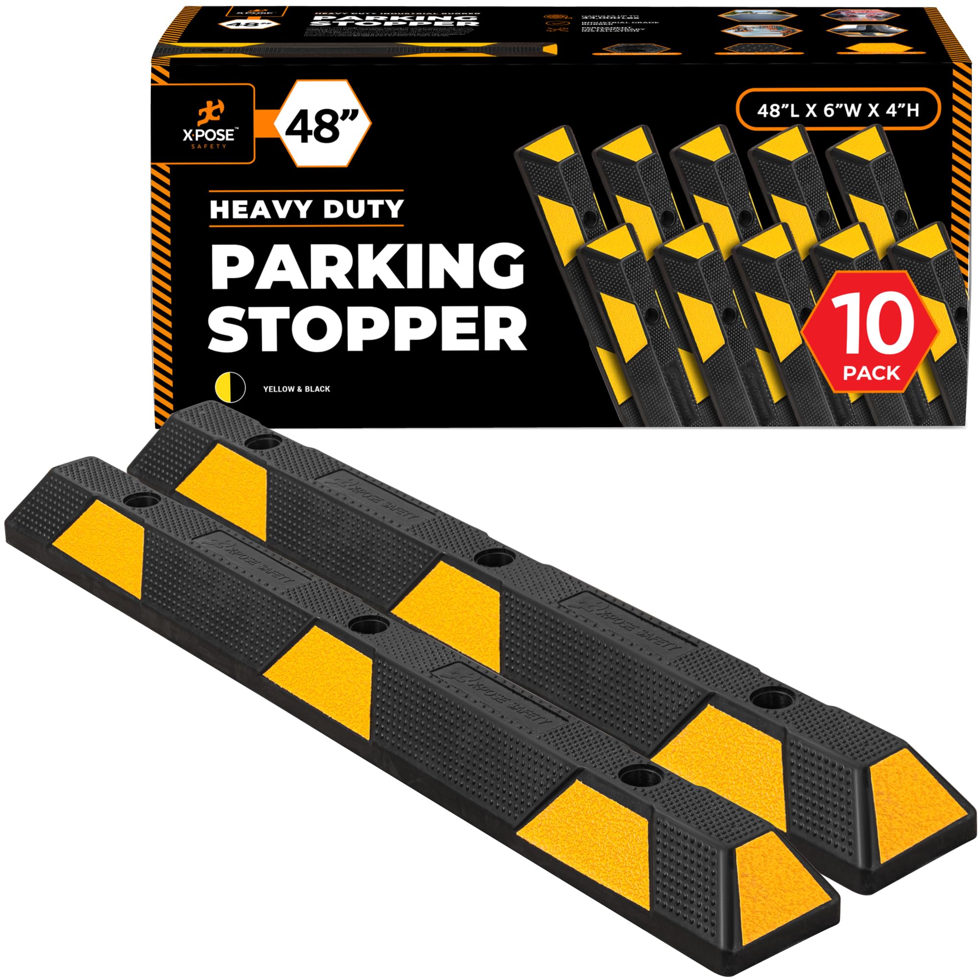Xpose Safety 48" Heavy Duty Rubber Parking Stopper (10 Pack) – Wheel Stops, Parking Lot Bumpers &amp; Rubber Parking Curb for Garage, Driveway or Ramp – Car Bumper Stops with Yellow Reflective Strips