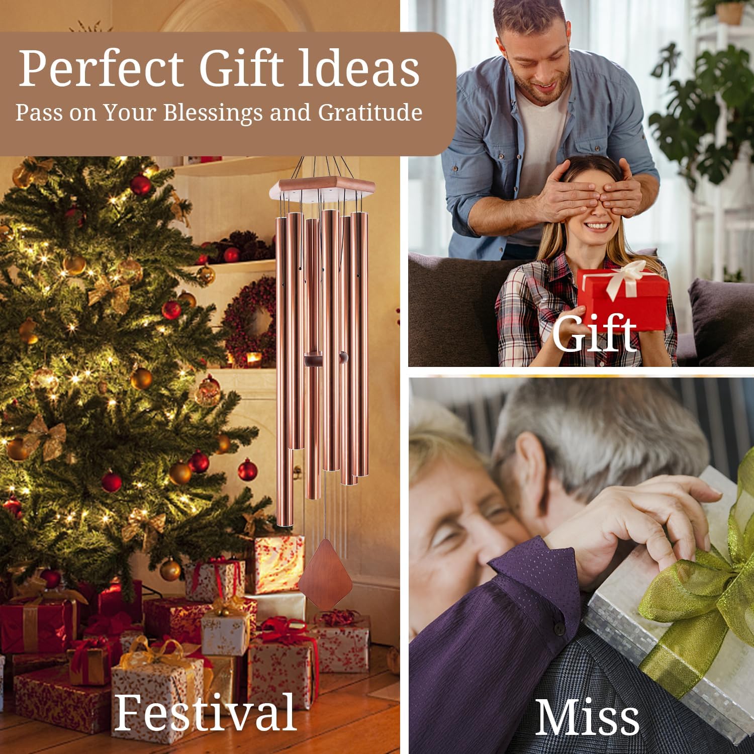 Wind Chimes Outdoor Large Deep Tone, 44 Inches Sympathy Wind Chimes Tuned Soothing Melody, Memorial Wind-Chime with 6 Heavy Tubes for Outside Decoration, Garden/Yard. Copper - Image 6