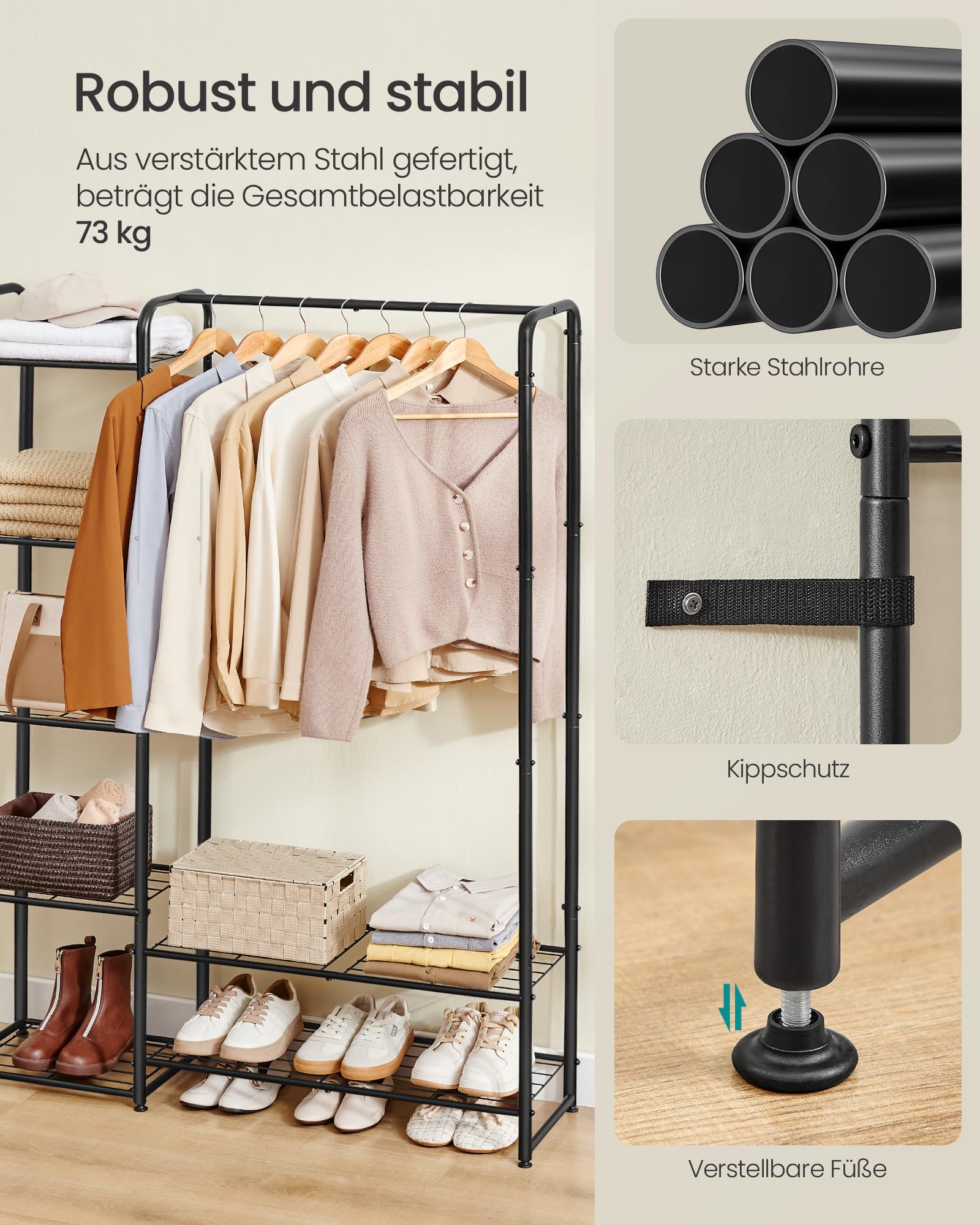 SONGMICS Kleiderständer, offener Kleiderschrank, Kleiderstange, Garderobenständer mit Ablagen, Garderobe aus Metall, freistehend, 29 x 112 x 158,4 cm, mattschwarz LGR462B01