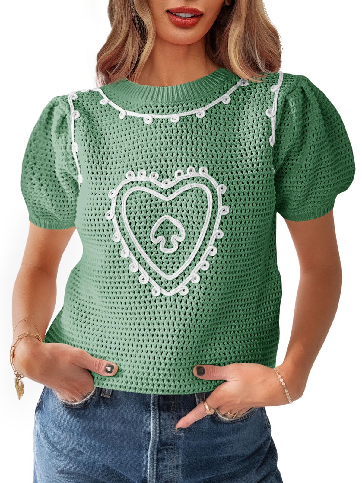 Saodimallsu Blusa feminina de crochê com coração para dia dos nam...