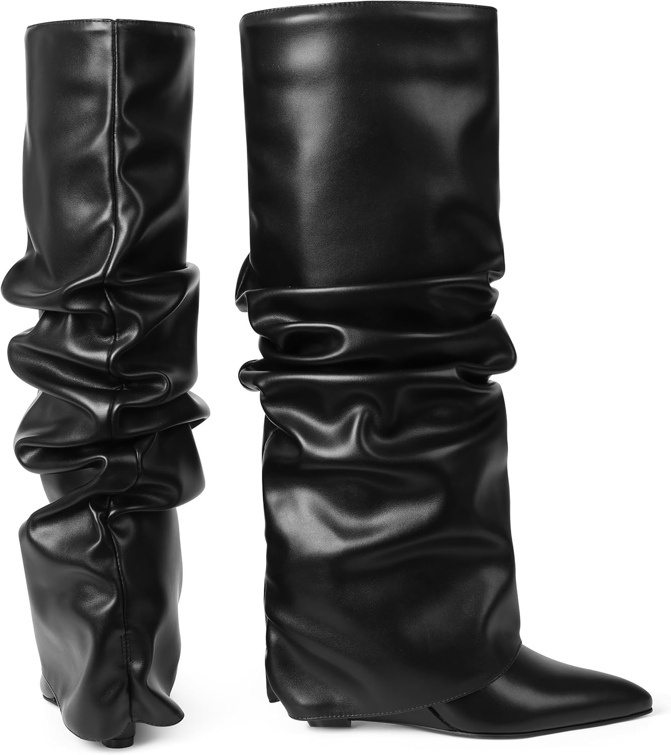 Oiamenne Women's Fold Over Boots Slouch Knee High Boots for Women Wedge Heel Pointed Toe Tall Boot, Wide Calf, Pull-on - Image 5