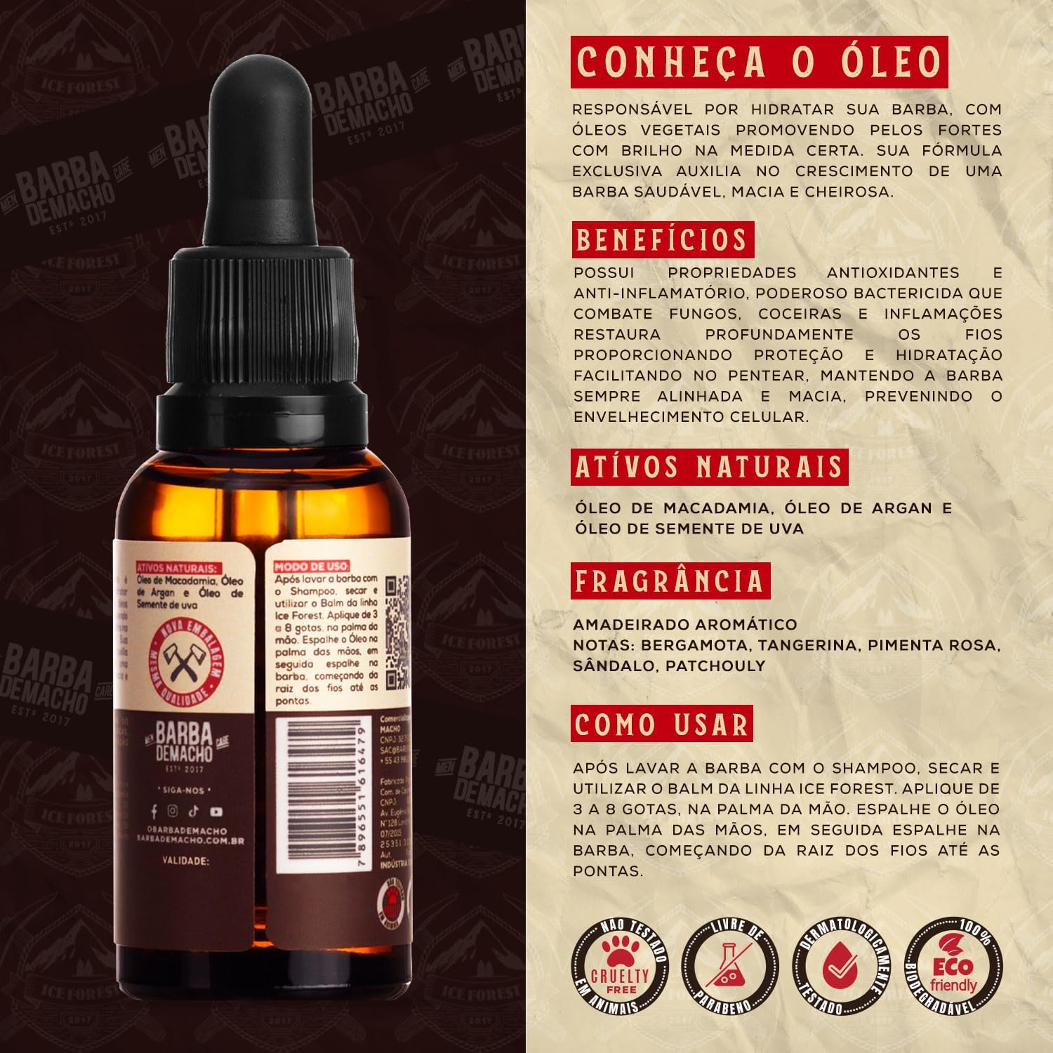 Imagem lateral do produto com fundo dividido em duas partes: lado esquerdo com padrão escuro repetido da marca Barba de Macho em tom marrom, lado direito com fundo bege claro com textura sutil.