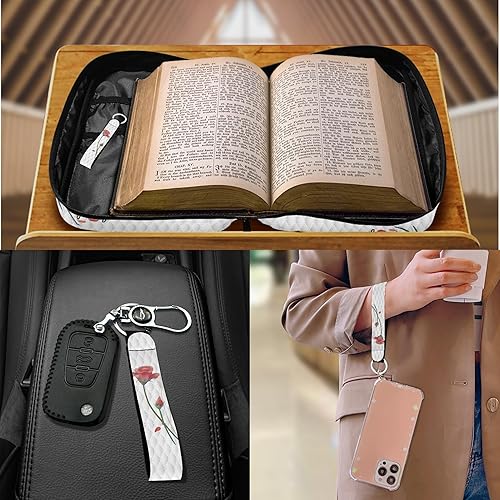 Miniatura 5 de Fundas florales para la Biblia para mujeres con versículo impreso, funda de Biblia de rosa roja para niñas con asas, correa para el hombro, llavero