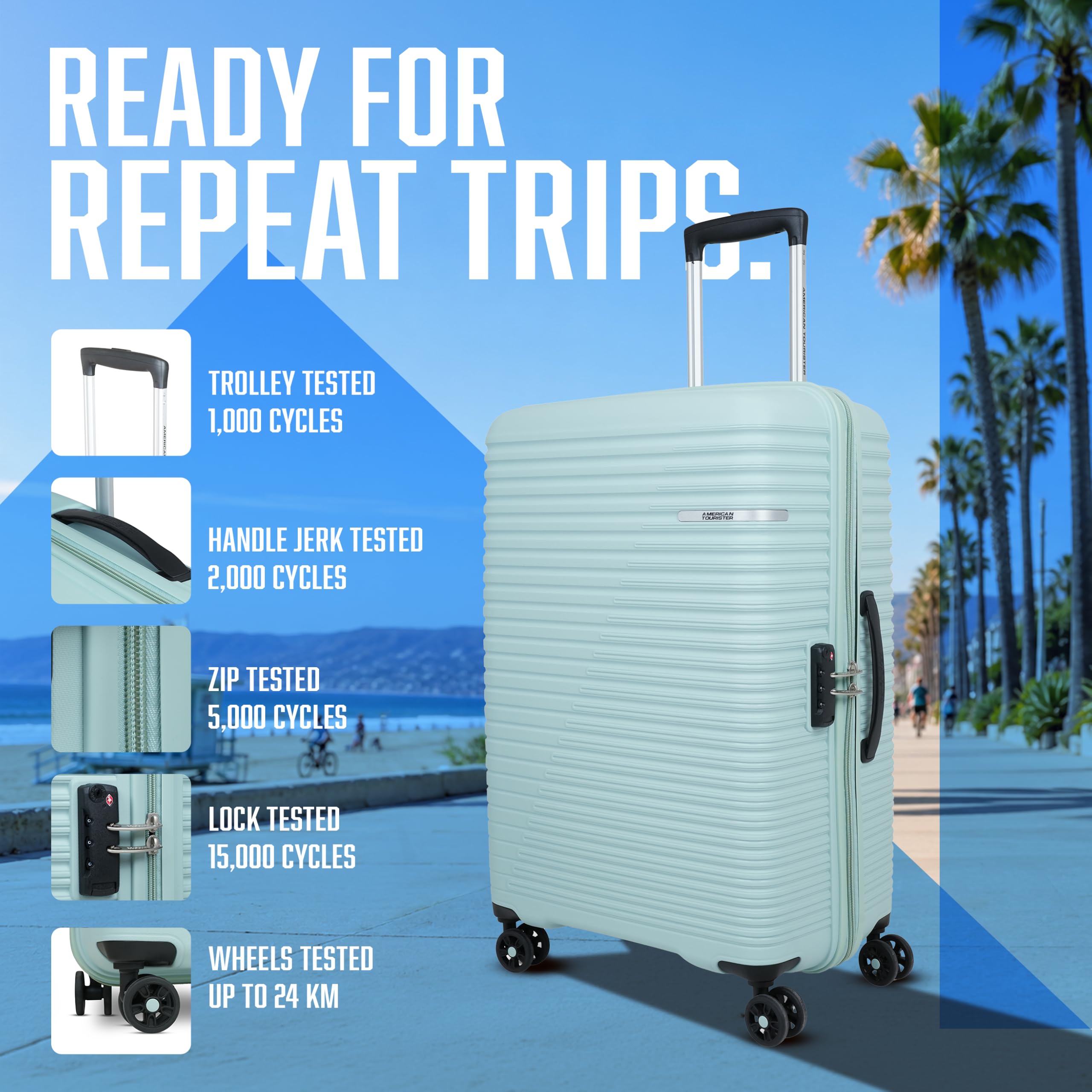 American Tourister Liftoff+|Large Size Check-in Spinner Trolley Bag (79 cm) for Travel|360° 8 Wheel Travel Luggage|Hard Case Polypropylene (PP) Suitcase|Mounted TSA Lock|Seafoam Blue 1