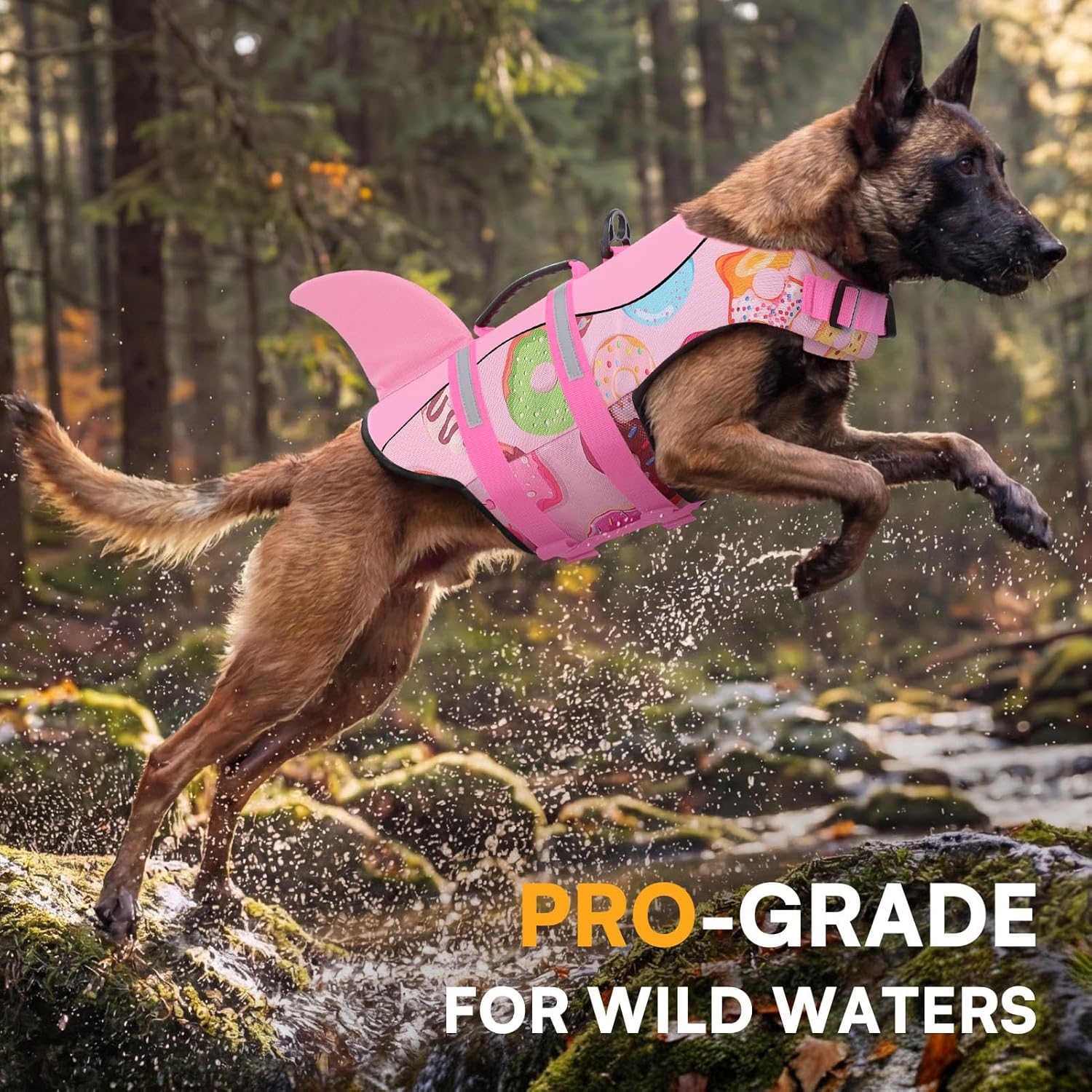 Queenmore Dog Life Jacket, Dog Life Vest for Swimming, Doggie Shark Swimming Vest with Rescue Handle, Adjustable Reflective Pet Lifesaver Preserver for Small Dogs, Pink Donut XS