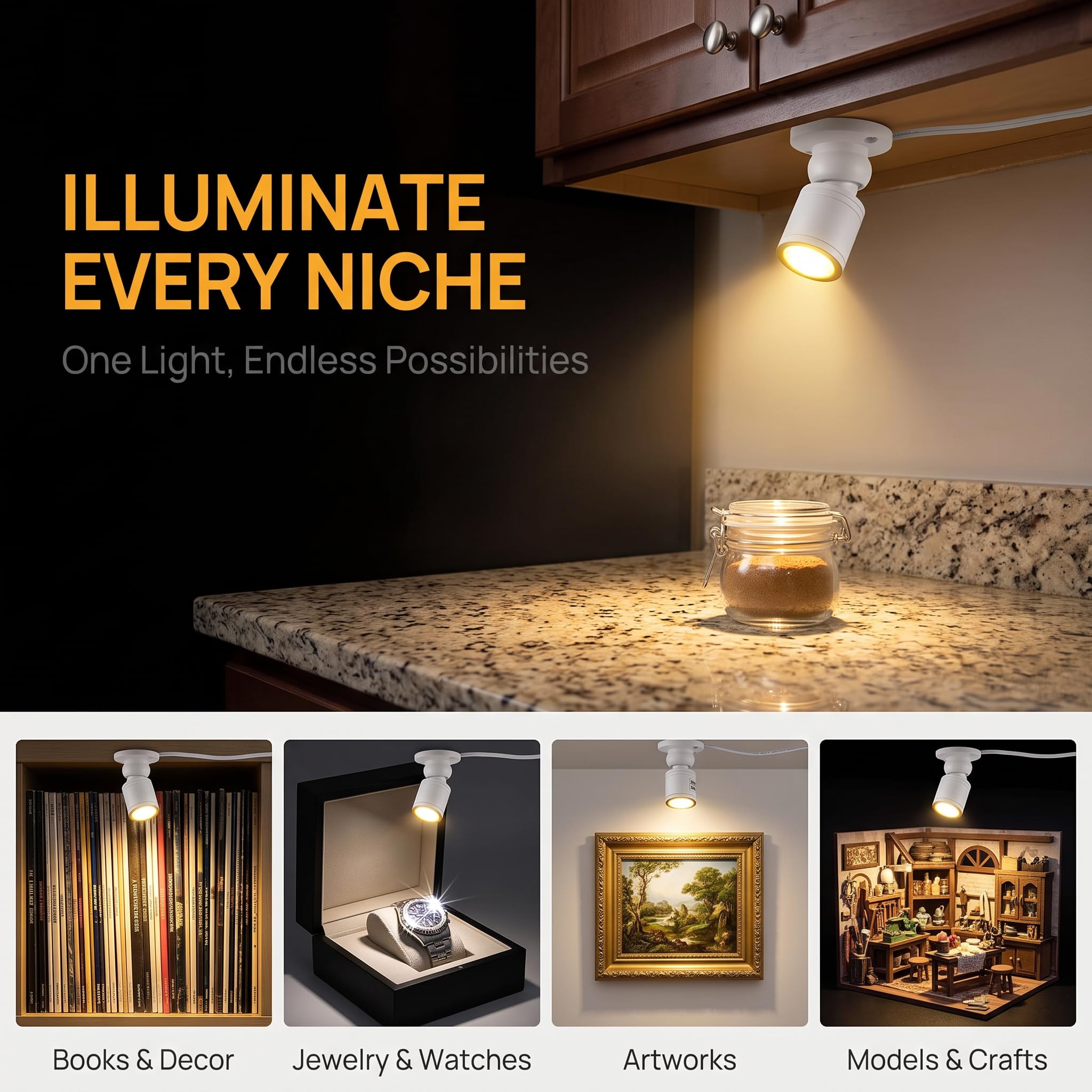 Mini reflektory do gabloty Szklany licznik 8x1w LED do montażu powierzchniowego Lampa jubilerska Ściemniane oświetlenie punktowe (zestaw paczek 8, ciepła biel 3000k)