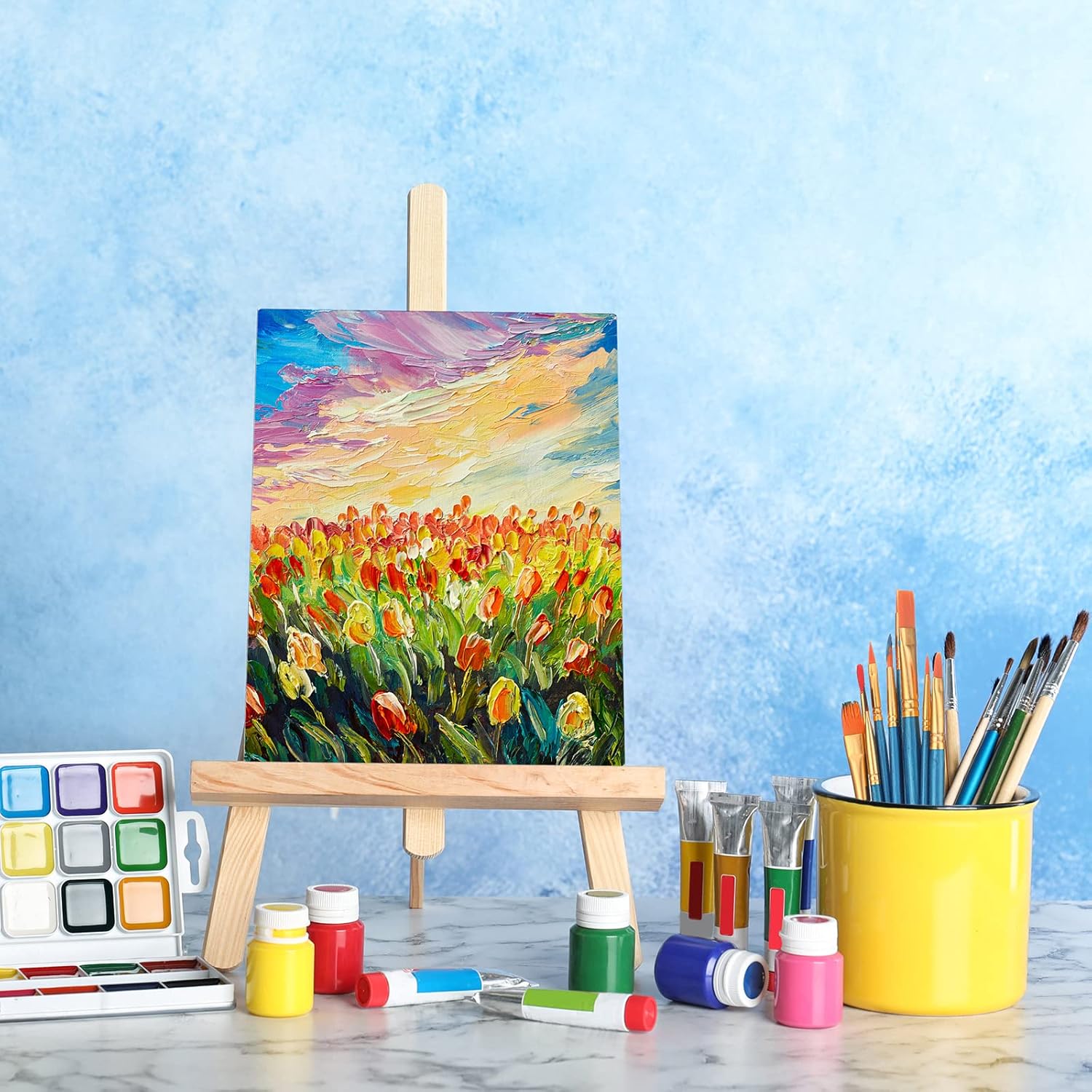 312 Pcs Canvas with Easel Set 8 x 10 Inch Canvas Boards with Wooden Easels, Paint Brushes Blank Panel Painting Kit for Adults Couples Painting Party Supplies Paint and Sip Date Night Kits