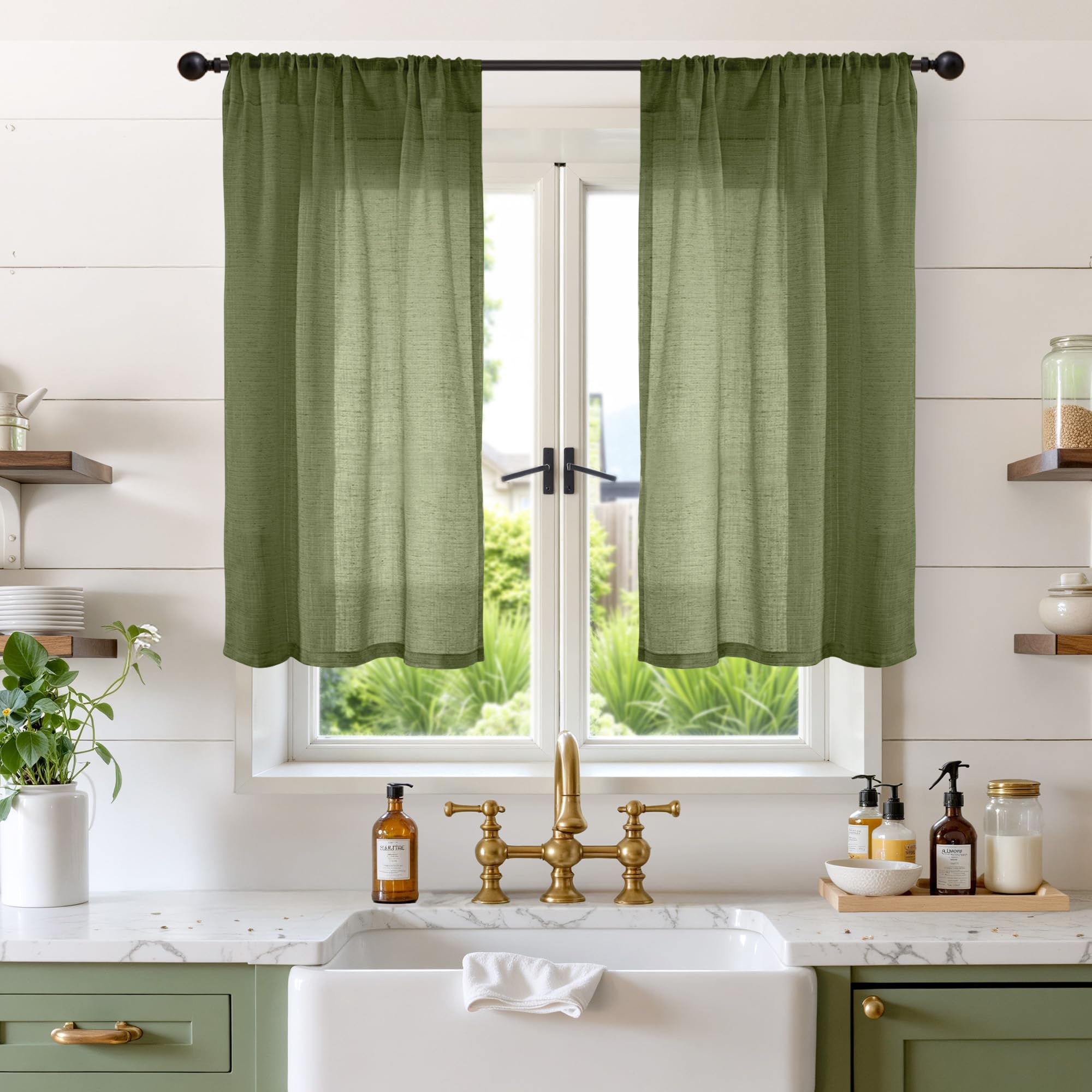 BGment Olive Green Linen Curtains 40 Inches Long for Cafe Kitchen - Small Half Window Drapes Semi Sheer Light Filtering with Rod Pocket Textured Lightweight, 2 Panels Set, Each 30 Inch Wide
