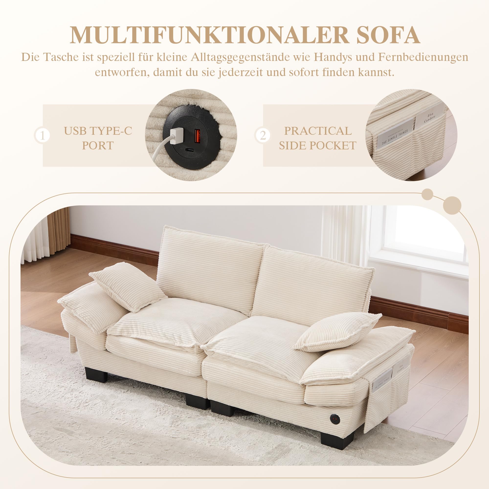 Modułowa sofa 2-osobowa, ergonomiczna szerokość siedziska z przyłączem C, sofa do salonu z bocznymi kieszeniami, do salonu, Corduroy, beżowa