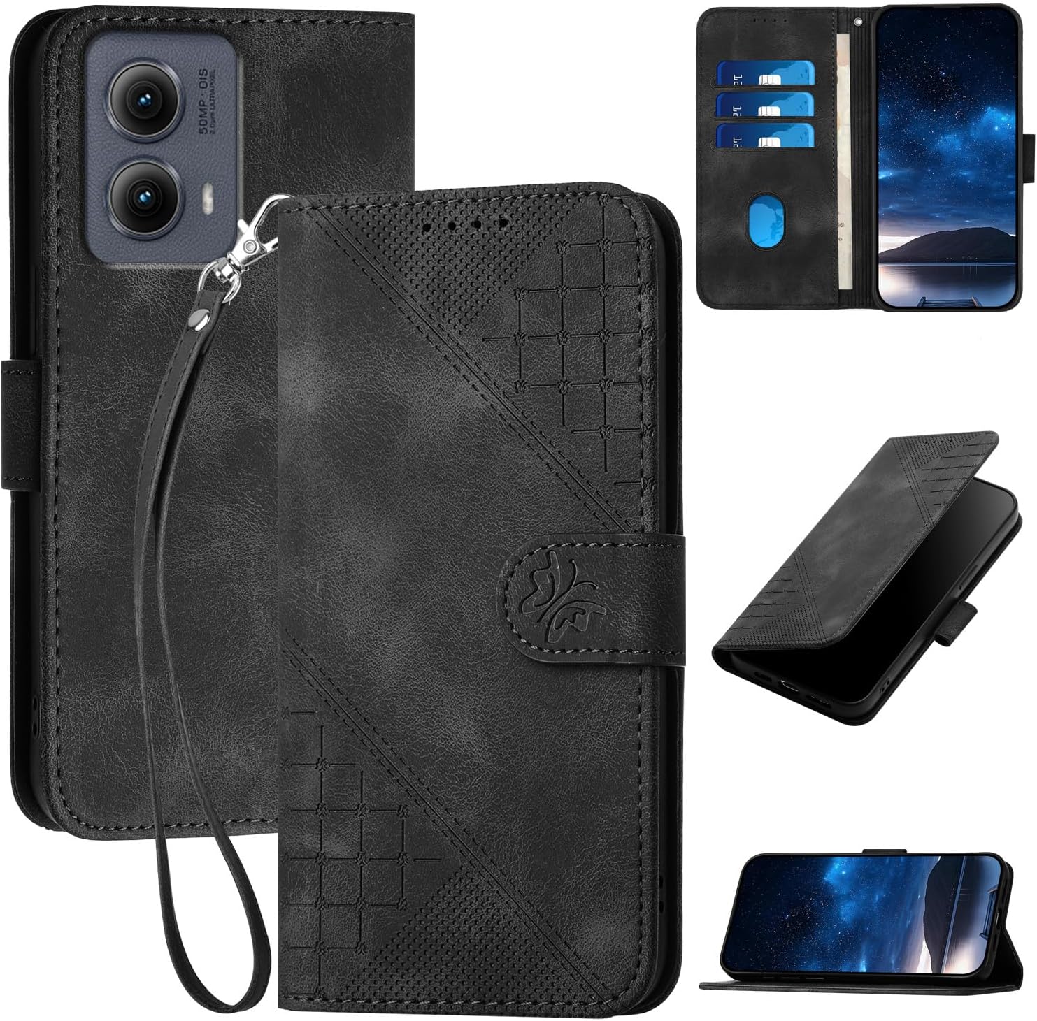 Case for Motorola Edge 2024, Moto Edge 2024 Walle Case with Wrist Strap & Magnetic Clasp,PU Leather Moto Edge 2024 Phone Cover with Card Holder/Slot Stand Flip Folio Soft Shell Book Cover, Black
