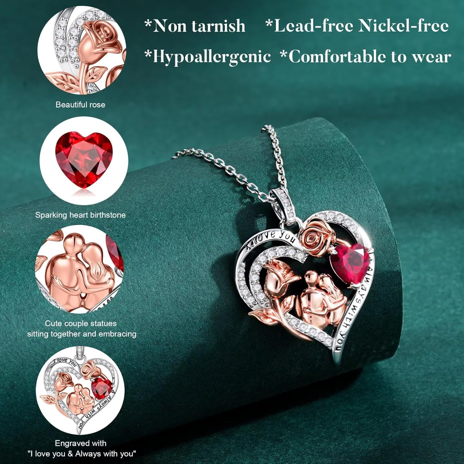 Iefil Rose Heart Birthstone Necklace for Women - Anniversary Birthday Gift for Wife Girlfriend Mom, I Love You Gifts, Jewelry for Women - Image 6