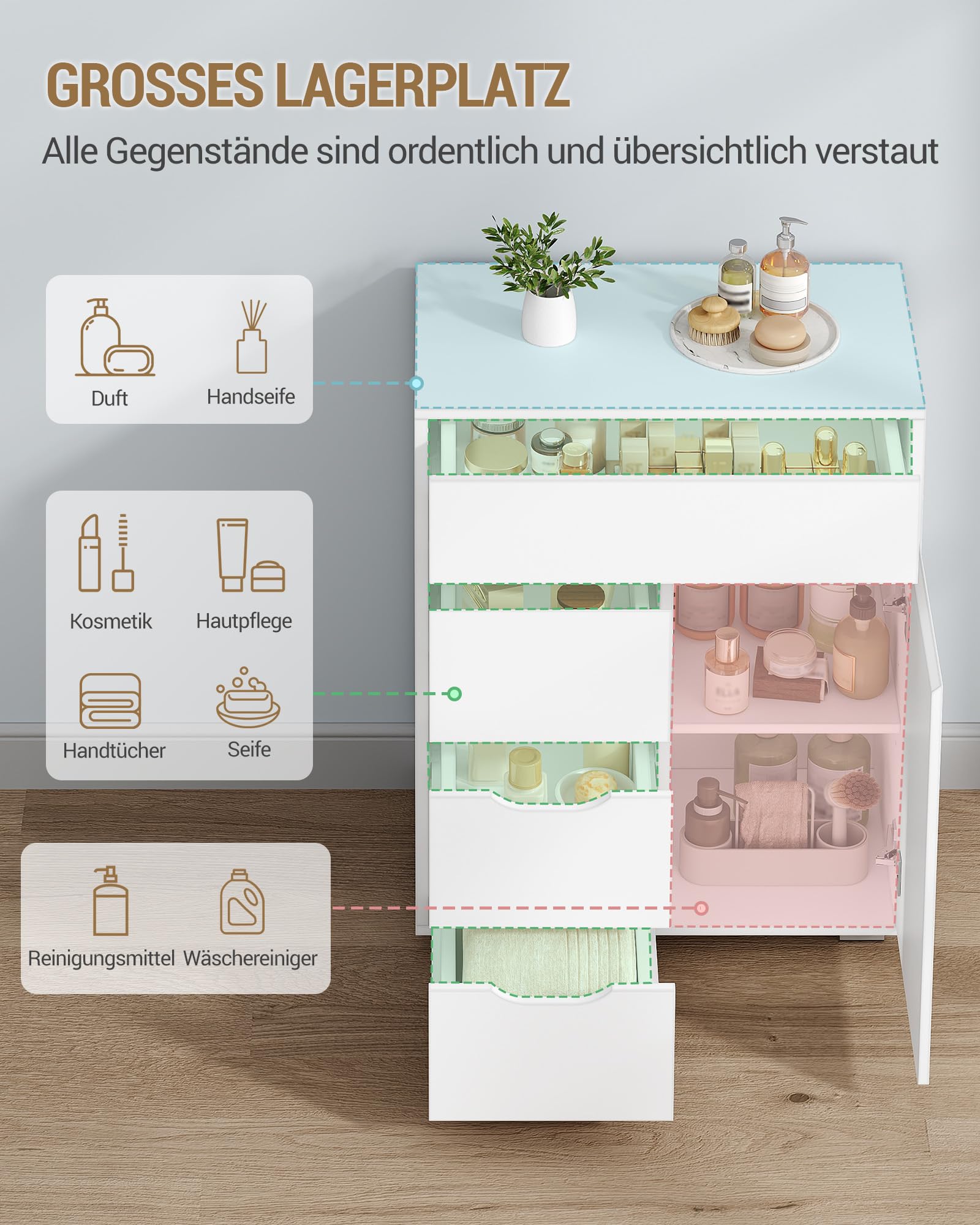 Hzuaneri Badezimmerschrank, Badschrank mit Verstellbare Ablage, Kommode mit 4 Schubladen und 1 Schranktür, Modern, für Wohnzimmer, Badezimmer, 30 x 55 x 82 cm Weiß SC05503X