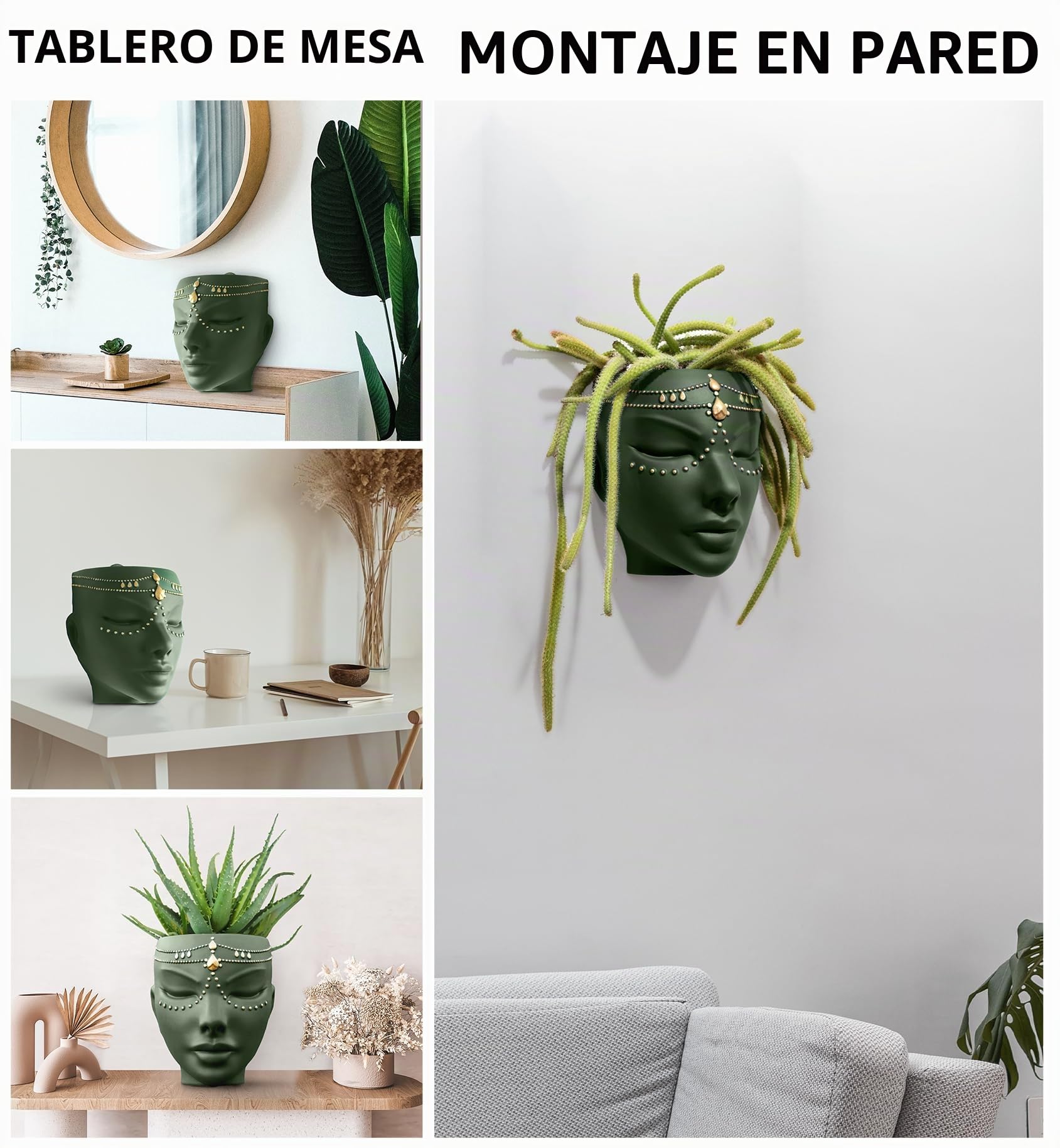 Maceta de Cabeza, decoración del hogar para Interiores y Exteriores, Regalos para Amantes de Las Plantas y Flores, para Superficie Plana o Montaje en Pared, 17,8 cm, diseño Serena, Verde