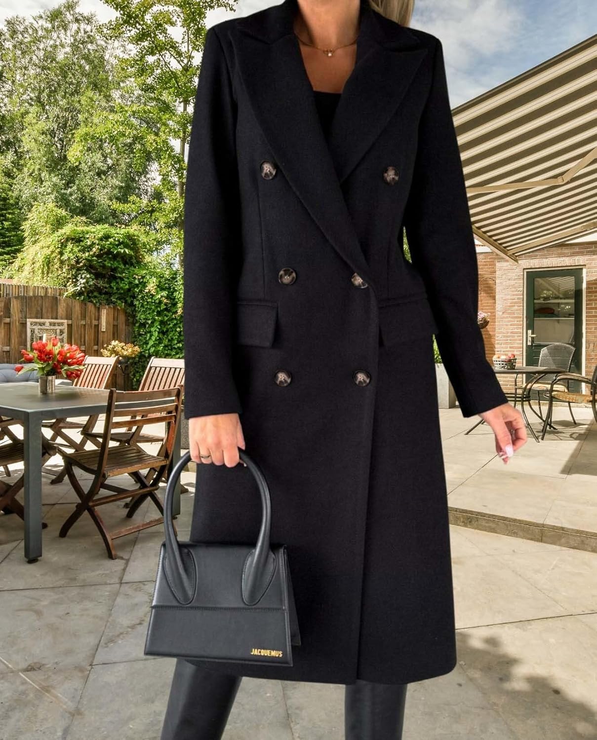 Womens Solid Color Double Breasted Medium Length Slim Coat Winter Casual Lapel Wool Jacket Coat - Image 2