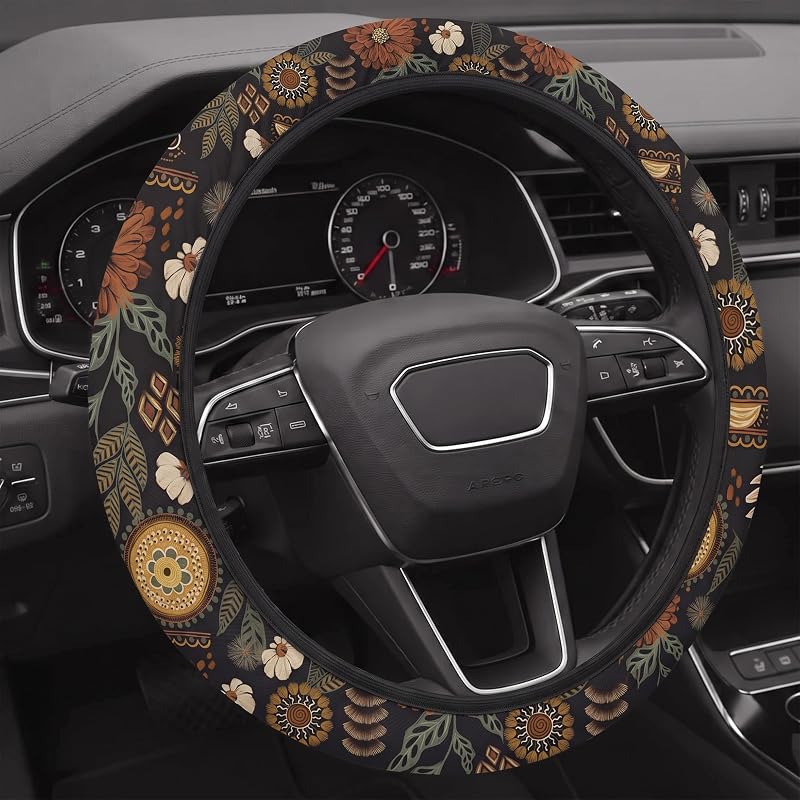 Capa para Volante com Estampa Floral Retrô em Tecido de Algodão SAADIAUTO para Carro, 15 pol. (38,1 cm)