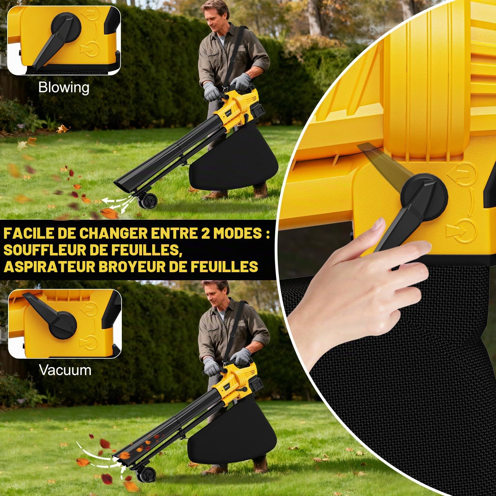 Aspirateur à feuilles sans fil 3 en 1 avec sac compatible avec batterie
