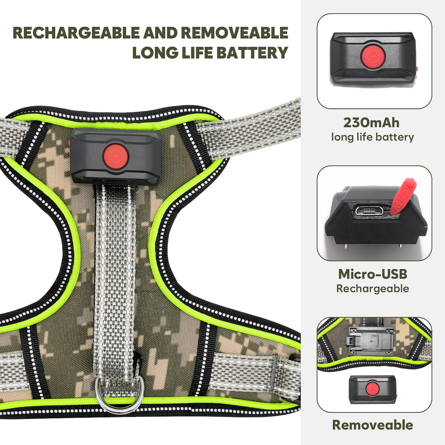 BiPawTi LED Light Up Dog Harness for Safety Night Walking, Glow in the Dark Soft Mesh Dogs Vest Lighted USB Rechargeable - Reflective Harness for Dogs, Illuminated No Pull Dog Vest (Green, XL)