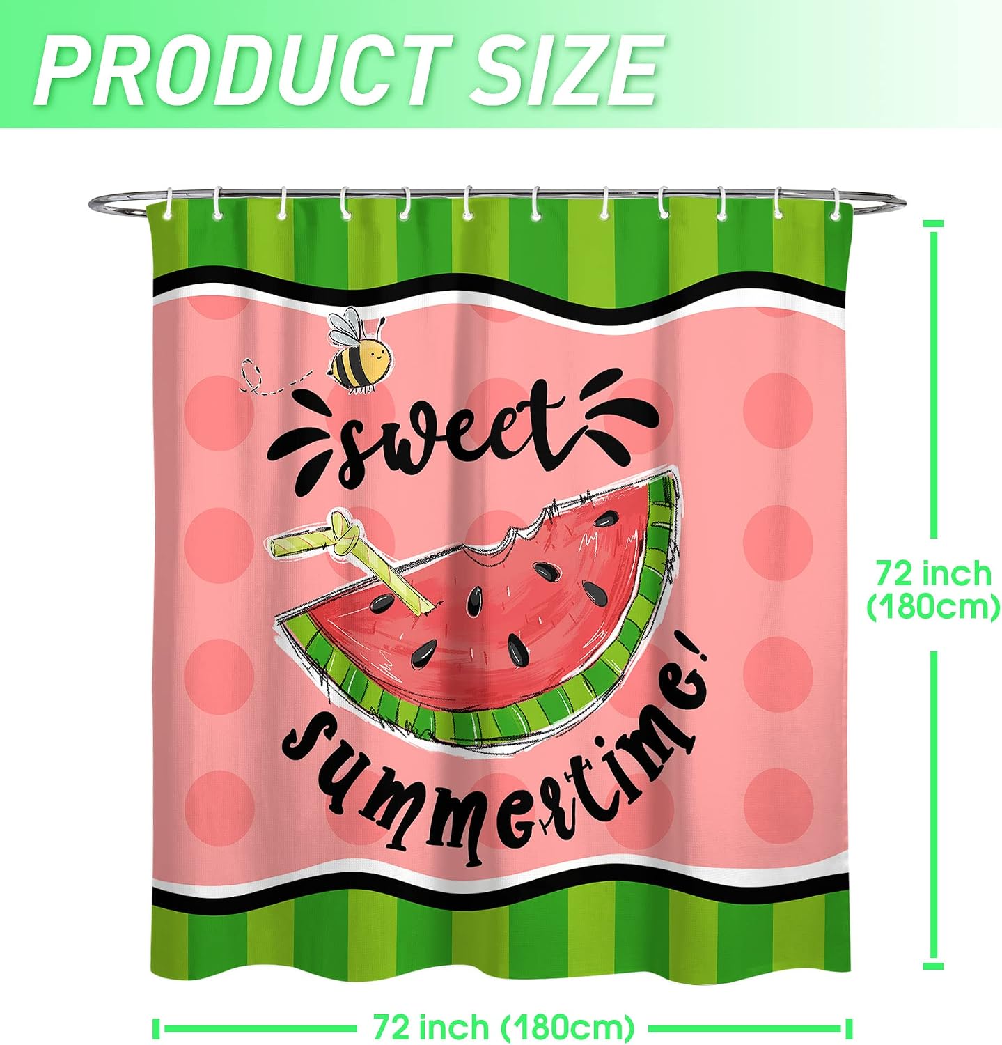 Roszwtit Summer Shower Curtain, Sweet Summer Time Watermelon Shower Curtains for Bathroom, Summer Home Decor Waterproof Fabric with Hooks 72x72 Inch