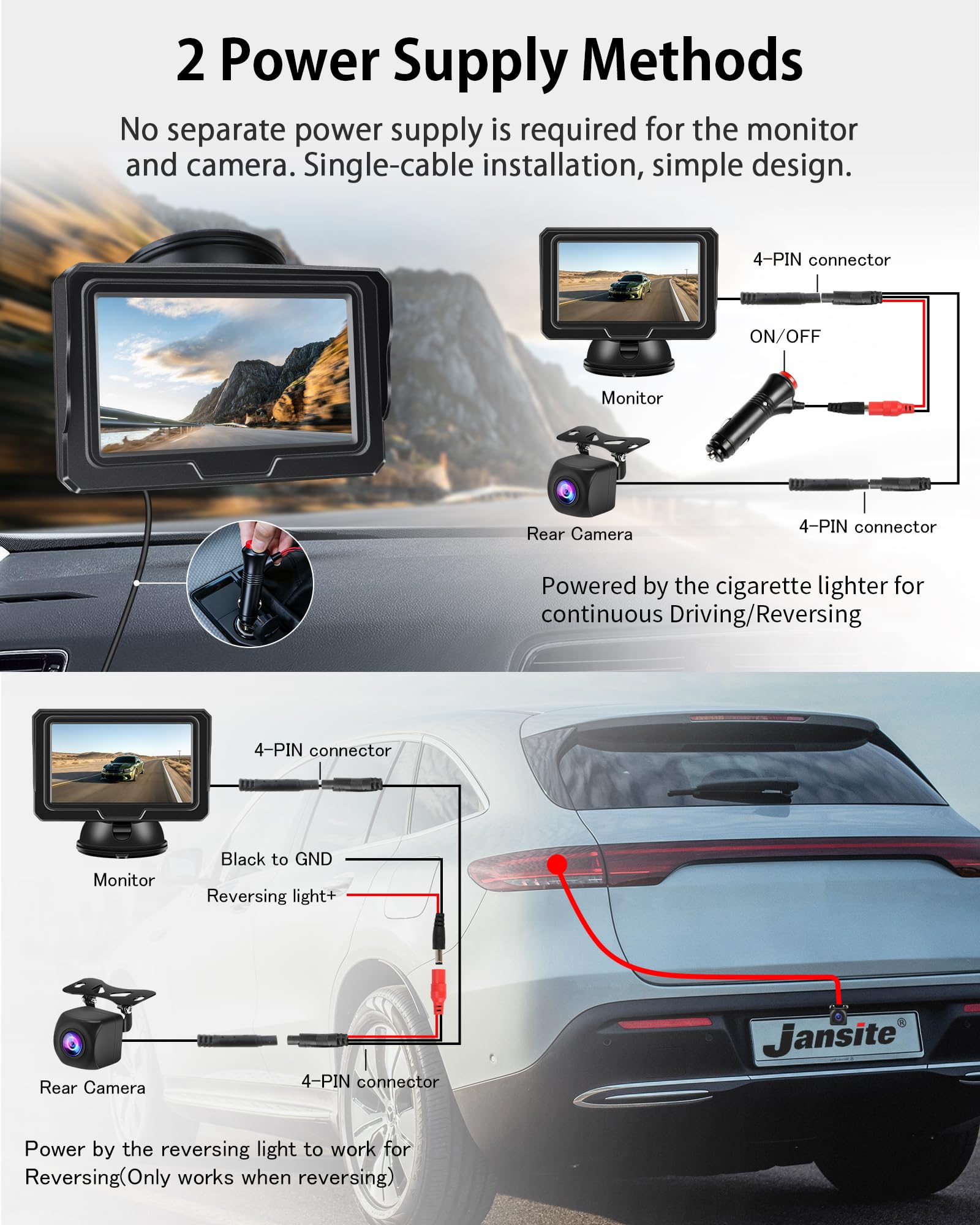 AHD 1080P Camara Marcha Atras Coche y Kit de Monitorización LCD de 4.3'' | Conectar y Usar, No se Requiere Perforación para el Montaje de la Lente Trasera, Visión Nocturna, Resistente al Agua IP68