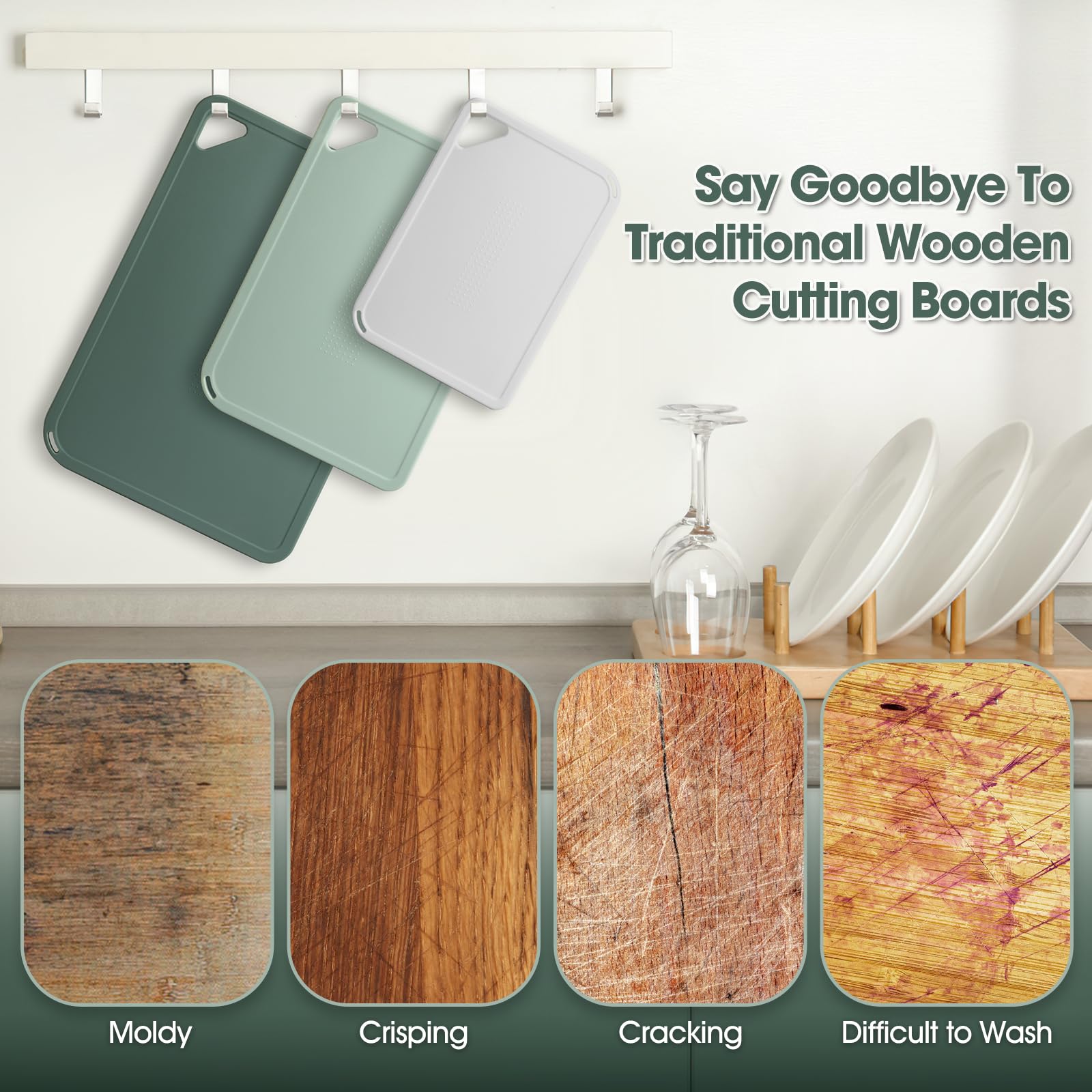 VZZNN Juego de 3 tablas de cortar de plástico, sin BPA, aptas para lavavajillas, para cocinas, carne, pescado, verduras y más accesorios de cocina