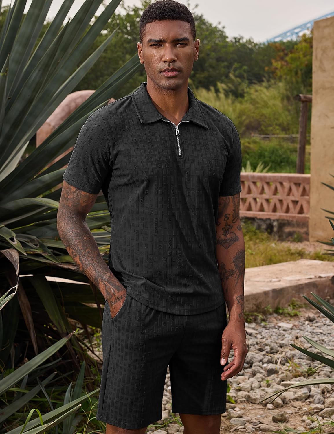 URRU Mens Textured Polo Shirt and Shorts Set Casual 2 Piece Summer Outfits Short Sleeve Quarter Zip Fashion Golf Polo Suit
