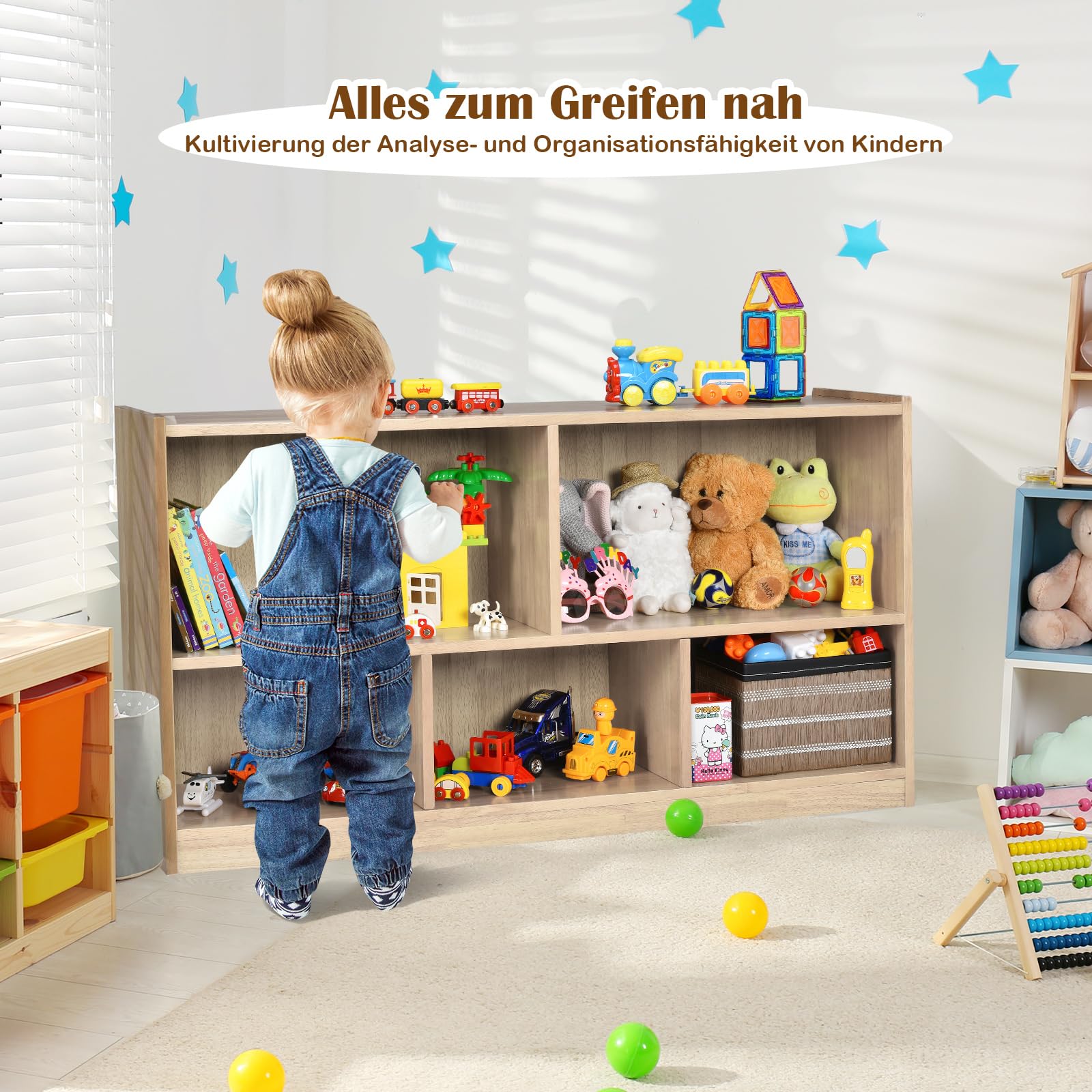 COSTWAY Kinderrek, met 2 grote vakken en 3 kleine vakken, open, voor speelgoed, poppen en boeken, 111 x 30 x 61,5 cm, wit