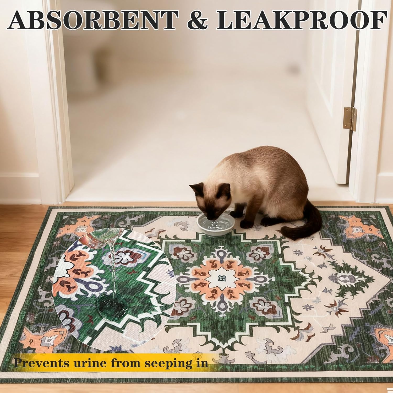 EXPAWLORER Cat Litter Mat, 28”x36” Medium Non-Slip Urine Waterproof Litter Trapping Mat Easy to Clean Washable Litter Box Mat for Floor Soft on Kitty Paws, Indoor Food Mats Rug Pads for Bathroom Green