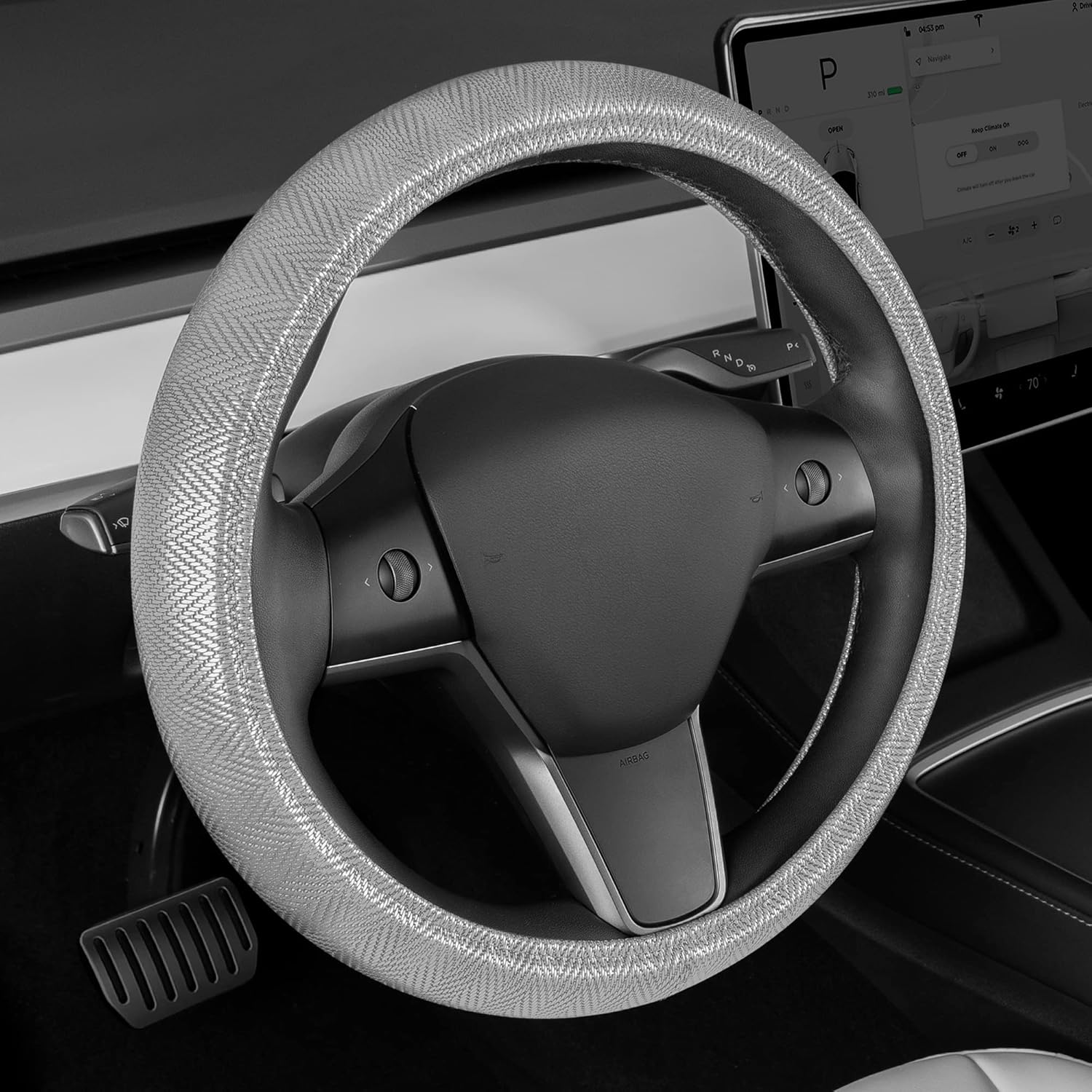Carbella Silver Steering Wheel Cover, Standard 15 Inch Size Fits Most Vehicles, Cute Shiny Bling Car Steering Wheel Cover with Herringbone Detail, Car Accessories for Women