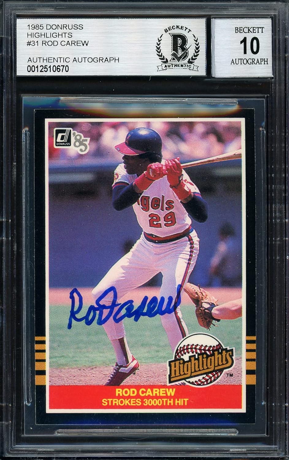 Rod Carew Autographed 1985 D.o.n.r.u.s.s Highlights Baseball Card #31 Auto Grade 10 Beckett BAS Stock #186096