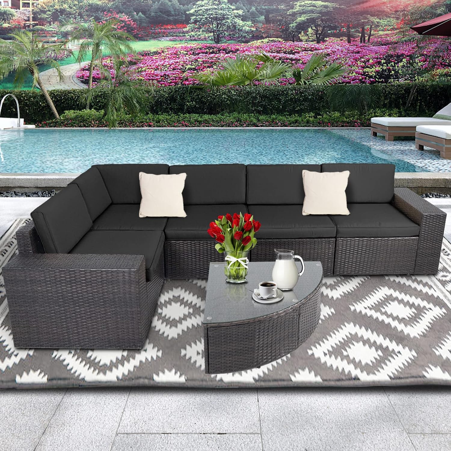 SUNCROWN 6-Piece Outdoor Sectional Patio Sofa Furniture Set, All-Weather Brown Wicker Conversation Set with Washable Cushions and Wedge Coffee Table, Dark Grey