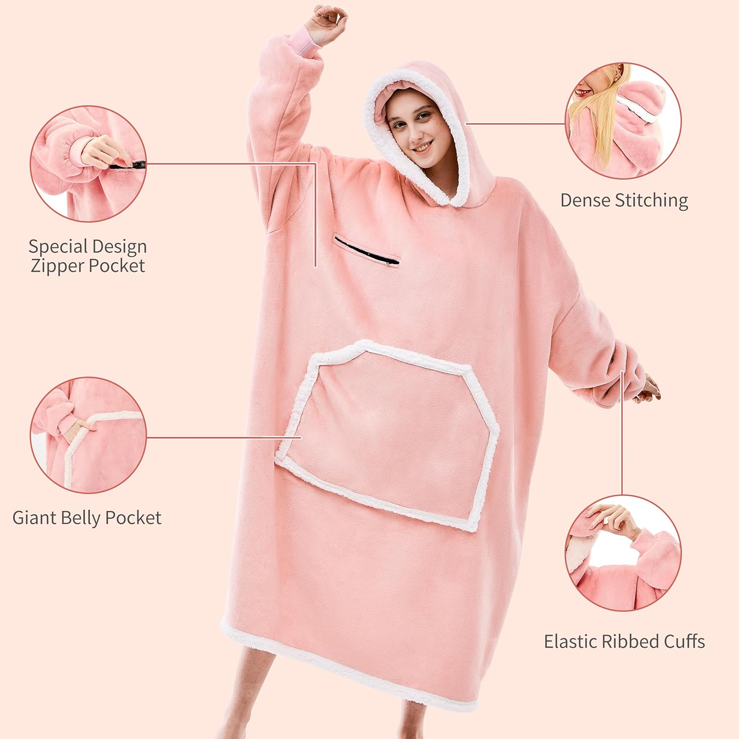 IFNOW Wearable Blanket Hoodie, Oversized Sherpa Fleece Hooded Sweatshirt with Eye Mask, Cozy and Giant Blanket Hoodie with Sleeves Extra Long for Adults Men Women, Pink - Image 4