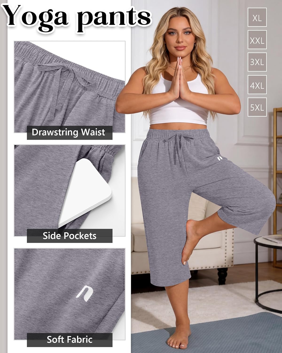 Neer 3 Pack Women's Plus Size Capris,Wide Leg Loose Pants Casual Drawstring Capri Sweatpants Drawstring Pants with Pockets - Image 5